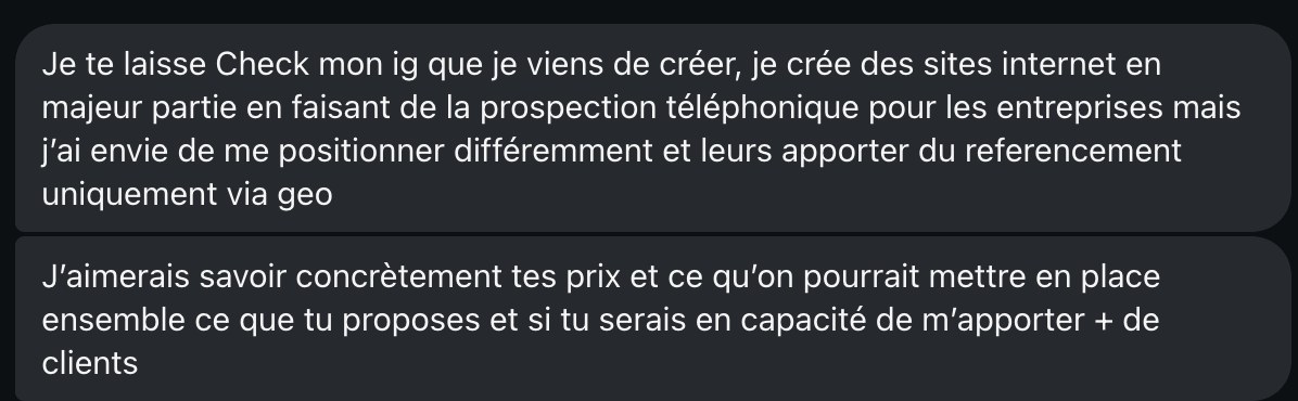 Un message reçu : quelqu'un demande les prix et ce qu'on pourrait mettre en place ensemble